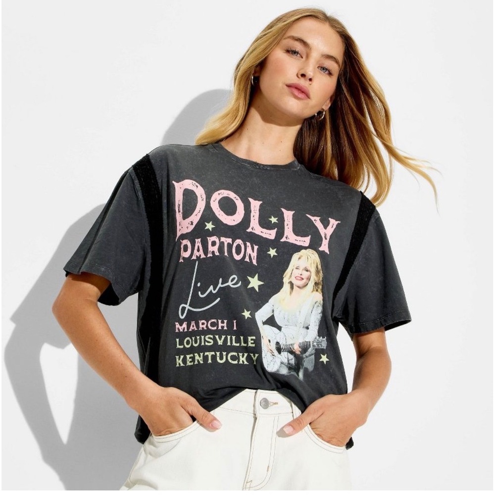 Dolly Parton Live Concert Tour Graphic T-Shirt Mineral Wash Lace Trim Gray M